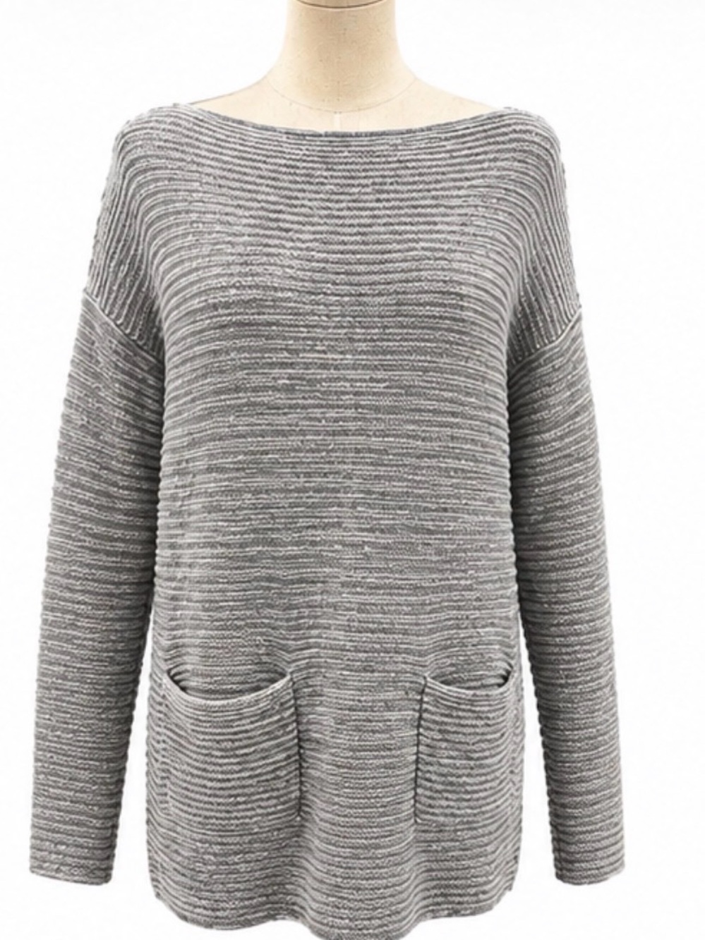 Vince Camuto 100% Cotton Gray Striped Knit Tunic Sweater with Pockets Size M